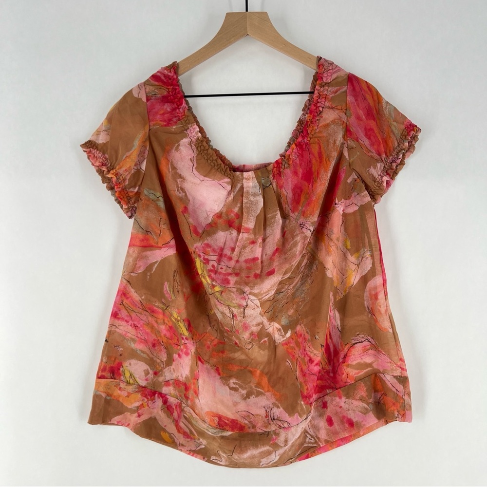 Diane Von Furstenberg Silk Blend Floral Print Sheer Chiffon Scoop Neck Blouse